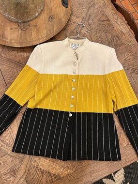 J.S.S. Vintage Striped Knit Cardigan in Cream, Mustard & Black